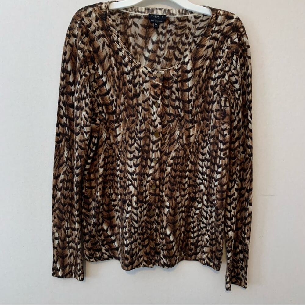 Talbots 100% Merino Wool Button Front Animal Print Cardigan
